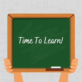 Green chalkboard with "Time To Learn!" written on it, held by two hands.